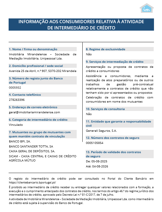 INFORMAÇÃO AOS CONSUMIDORES RELATIVA À ATIVIDADE  DE INTERMEDIÁRIO DE CRÉDITO